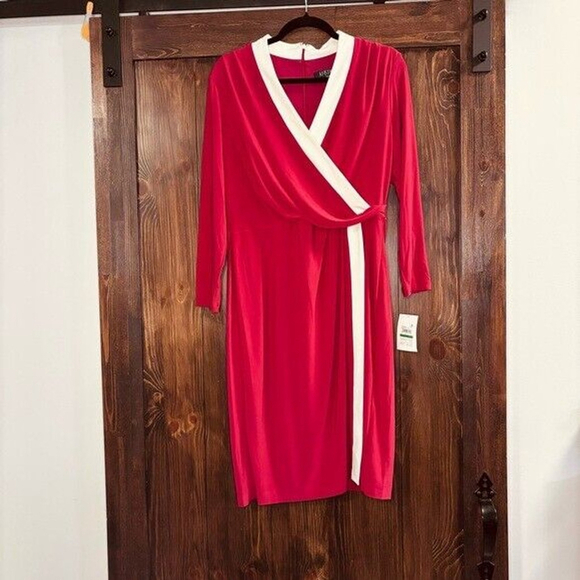 Kasper Sheath Dress Long Sleeve Color Block Faux Wrap Mid-Length Red & White NWT - Picture 5 of 9